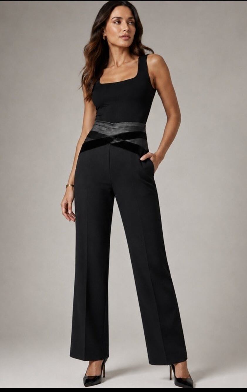 BCBGMaxazria Women’s Black Dress Pants Sz 10 Velvet Satin Trim Waist Wool Blend